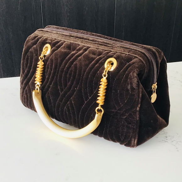 FENDI rare vintage handbag brown quilted velvet with gold handles - Picture 14 of 16